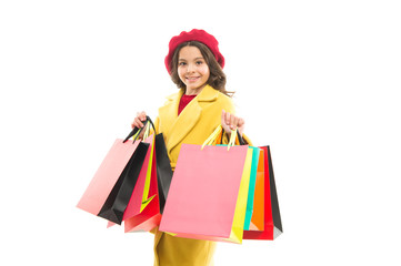 Great choices great purchases. Happy small child hold purchases in paperbags. Little girl smile with fashion purchases. Impulse purchases. Shopping addiction. Season sale. Best autumn discounts