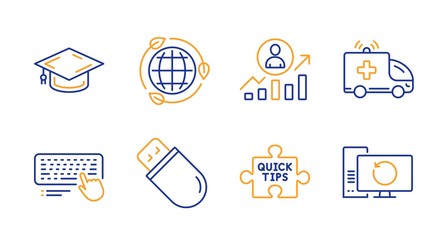 Eco energy, Ambulance car and Usb stick line icons set. Career ladder, Computer keyboard and Graduation cap signs. Quick tips, Recovery computer symbols. Ecology, Emergency transport. Vector