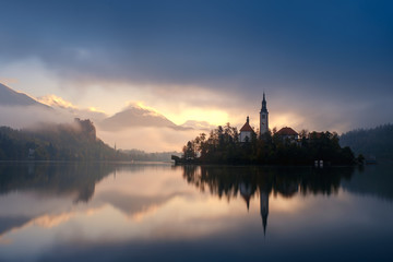 Amazing sunrise at the lake Bled in autumn, Slovenia, Europe