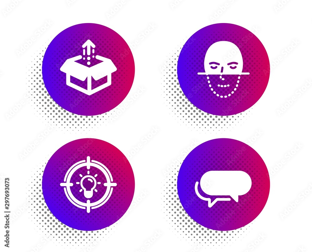 Poster idea, face recognition and send box icons simple set. halftone dots button. messenger sign. solution