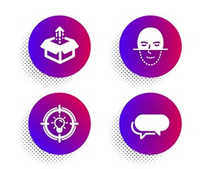 Idea, Face recognition and Send box icons simple set. Halftone dots button. Messenger sign. Solution, Faces biometrics, Delivery package. Speech bubble. Business set. Classic flat idea icon. Vector