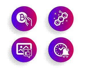 Like photo, Chemical formula and Bitcoin pay icons simple set. Halftone dots button. Alarm bell sign. Thumbs up, Chemistry, Cryptocurrency coin. Time. Business set. Vector