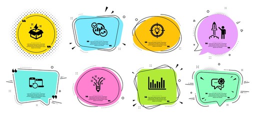 Creative idea, Inspiration and Statistics line icons set. Chat bubbles with quotes. Bar diagram, Recovery devices and Launch project signs. Employees messenger, Idea symbols. Vector