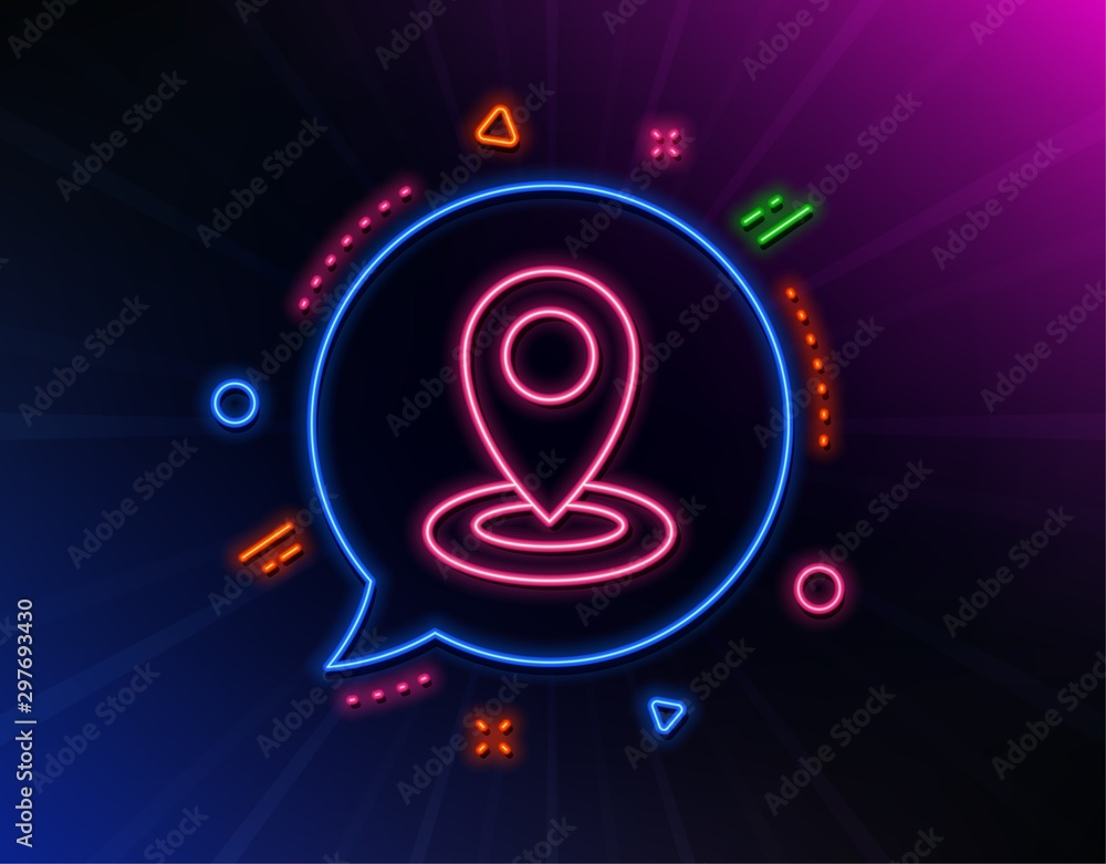 Poster location line icon. neon laser lights. map pointer sign. glow laser speech bubble. neon lights chat 