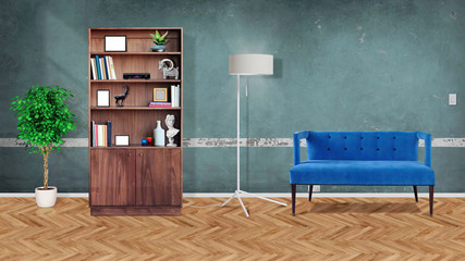 Modern office  interior hallway with bench and bookcase 3d illustration