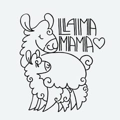 Llama Mama. Cute fluffy alpacas. Funny smiling cozy animals.