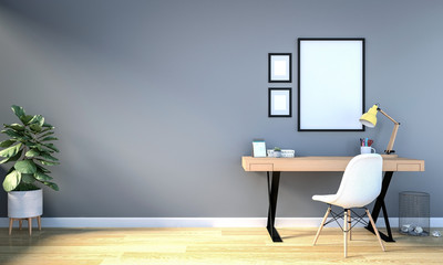 Working room interior with blank photo frame for mock up on wall, 3D Rendering