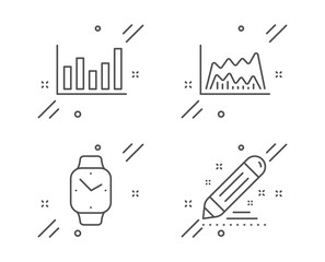Column chart, Smartwatch and Trade chart line icons set. Brand contract sign. Financial graph, Digital time, Market data. Edit report. Science set. Line column chart outline icon. Vector