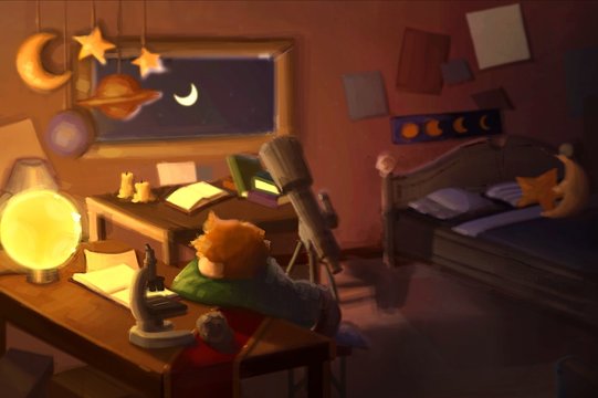 Little boy stargazing at night.