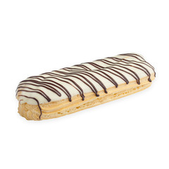 Delicious creamy eclair poured with chocolate, according to a special recipe from the pastry chef.