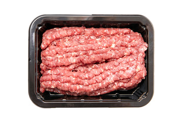 Ground beef in a black plastic tray isolated on white background. Uncooked mincemeat. Forcemeat, fresh raw minced meat, top view