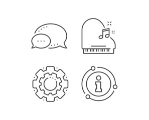 Piano line icon. Chat bubble, info sign elements. Musical instrument sign. Music note symbol. Linear piano outline icon. Information bubble. Vector
