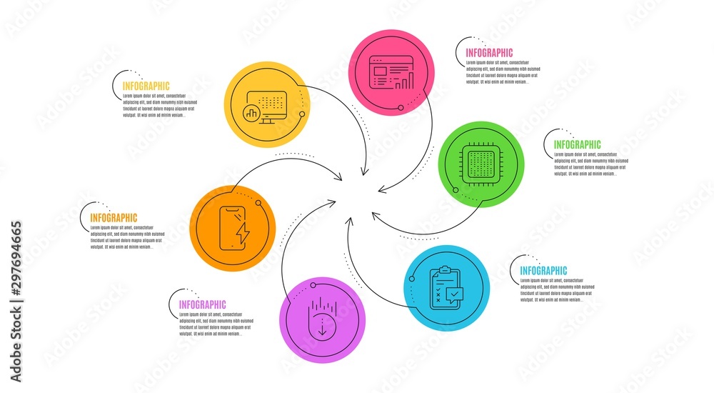 Poster cpu processor, smartphone charging and checklist line icons set. infographic timeline. web report, r