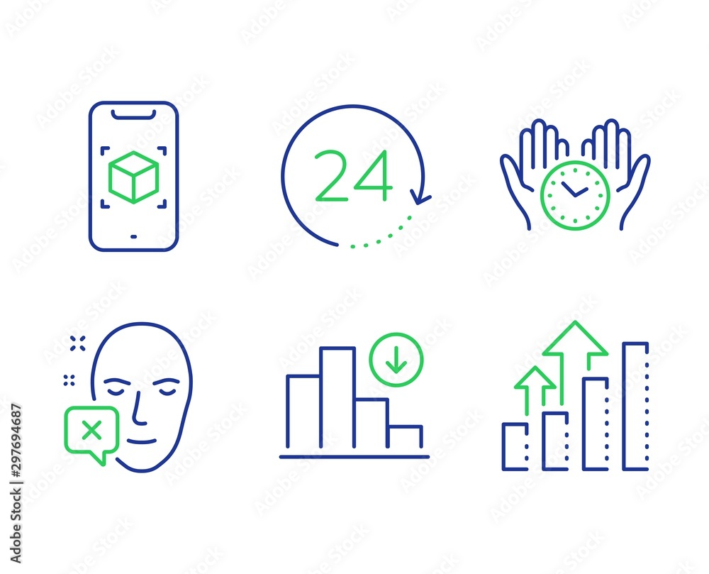 Aufkleber face declined, safe time and 24 hours line icons set. augmented reality, decreasing graph and analys