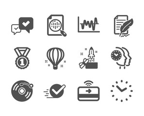 Set of Education icons, such as Approve, Stock analysis, Air balloon, Analytics chart, Feather signature, Vinyl record, Time management, Time, Best rank, Contactless payment, Checkbox. Vector