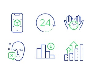 Face declined, Safe time and 24 hours line icons set. Augmented reality, Decreasing graph and Analysis graph signs. Identification error, Hold clock, Time. Phone simulation. Science set. Vector