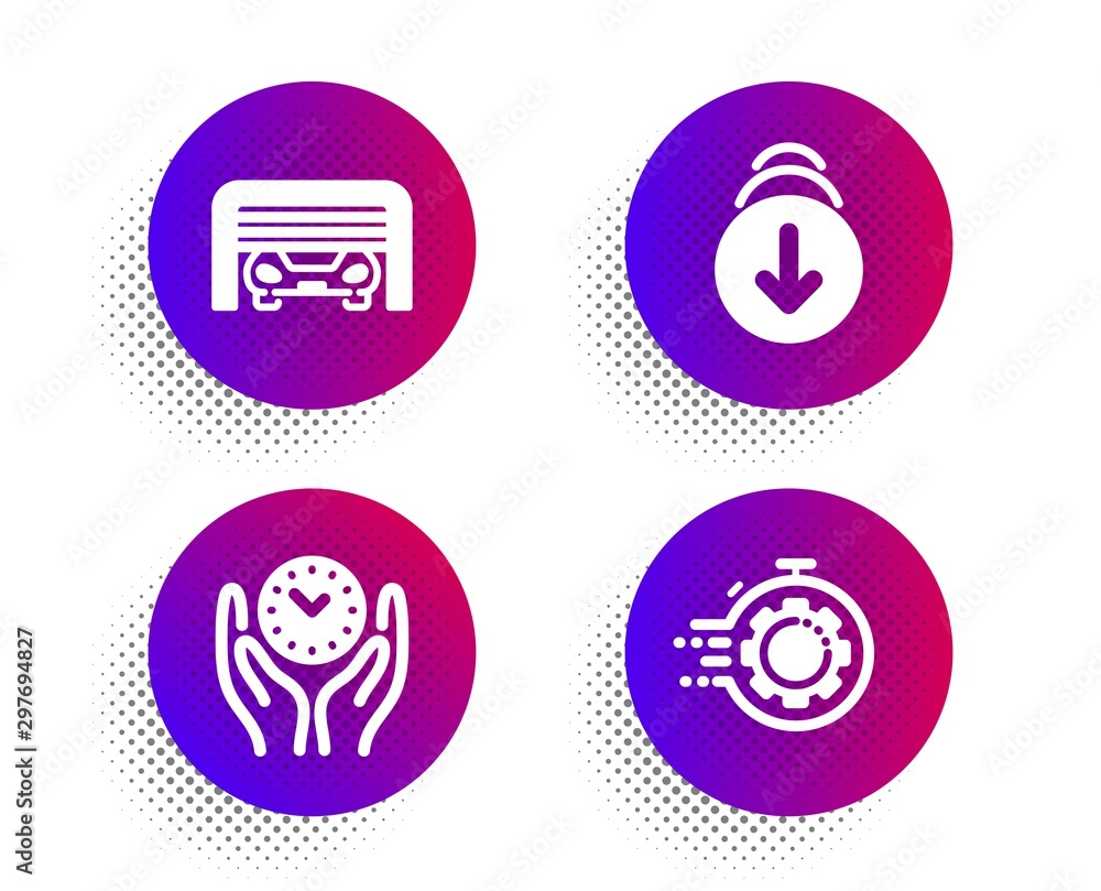 Poster safe time, scroll down and parking garage icons simple set. halftone dots button. seo timer sign. ma