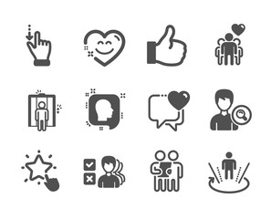 Set of People icons, such as Like, Touchscreen gesture, Heart, Head, Survey, Elevator, Search people, Augmented reality, Smile chat, Ranking star, Opinion, Friendship classic icons. Like icon. Vector