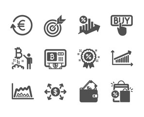 Obraz premium Set of Finance icons, such as Target, Loan percent, Bitcoin atm, Bitcoin project, Buying, Trade chart, Wallet, Discount, Chart, Exchange currency, Shopping bags, Dollar exchange. Target icon. Vector
