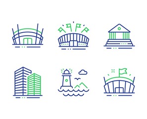 Lighthouse, Arena stadium and Sports arena line icons set. Court building, Skyscraper buildings signs. Navigation beacon, Competition building, Event stadium. Government house. Buildings set. Vector