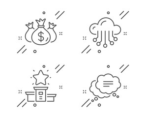 Winner podium, Check investment and Cloud storage line icons set. Text message sign. First place, Business report, Data service. Chat bubble. Technology set. Line winner podium outline icon. Vector