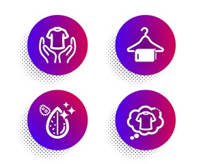 Dirty water, Hold t-shirt and Clean towel icons simple set. Halftone dots button. T-shirt sign. Aqua drop, Laundry shirt, Laundry hanger. Cleaning set. Classic flat dirty water icon. Vector