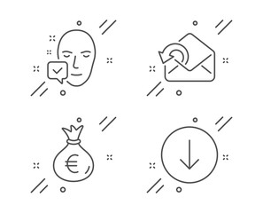 Money bag, Send mail and Face accepted line icons set. Scroll down sign. Euro currency, Sent message, Access granted. Swipe arrow. Business set. Line money bag outline icon. Vector