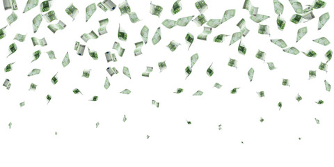 Euro coin falling banknotes. European money on white isolation background.