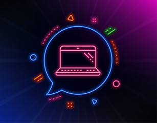 Laptop line icon. Neon laser lights. Mobile computer device sign. Glow laser speech bubble. Neon lights chat bubble. Banner badge with laptop icon. Vector