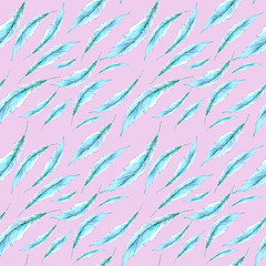 Watercolor had drawn seamless kawaii cute nice pink blue  turquoise boho feather bird wing patter background