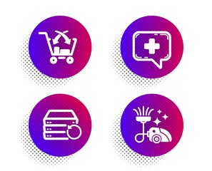 Cross sell, Recovery server and Medical chat icons simple set. Halftone dots button. Vacuum cleaner sign. Market retail, Backup data, Medicine help. Vacuum-clean. Technology set. Vector