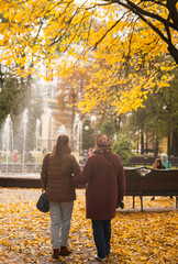 mother and daughter walk in the autumn park