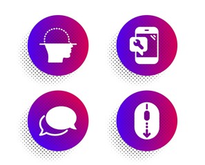 Face scanning, Phone repair and Messenger icons simple set. Halftone dots button. Scroll down sign. Faces detection, Spanner service, Speech bubble. Mouse swipe. Technology set. Vector