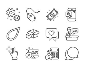 Set of Business icons, such as Packing boxes, Reject access, Move gesture, Reception desk, Heart, Computer mouse, Pumpkin seed, Phone repair, Payment, Finance calculator, Work line icons. Vector
