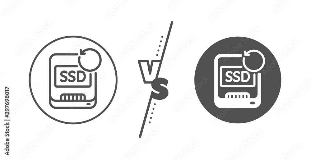 Poster backup data sign. versus concept. recovery ssd line icon. restore information symbol. line vs classi