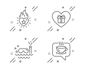 Heart flame, Scuba diving and Romantic gift line icons set. Coffee sign. Love fire, Trip swimming, Surprise with love. Cafe. Holidays set. Line heart flame outline icon. Vector