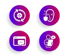 Face protection, Cogwheel and Seo message icons simple set. Halftone dots button. Customer survey sign. Secure access, Engineering tool, Support chat. Contract. Science set. Vector