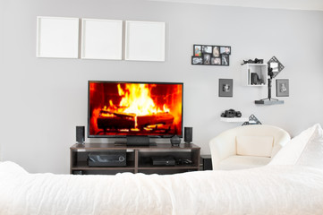 Cozy interior of living room with tv. Fireplace on television screen