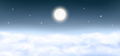 Obraz na płótnie Canvas Full Moon on the night sky background with shining stars, comets, shooting stars, realistic fluffy clouds. Starry night sky panorama above clouds. Peaceful scene dark background. Vector Illustration.