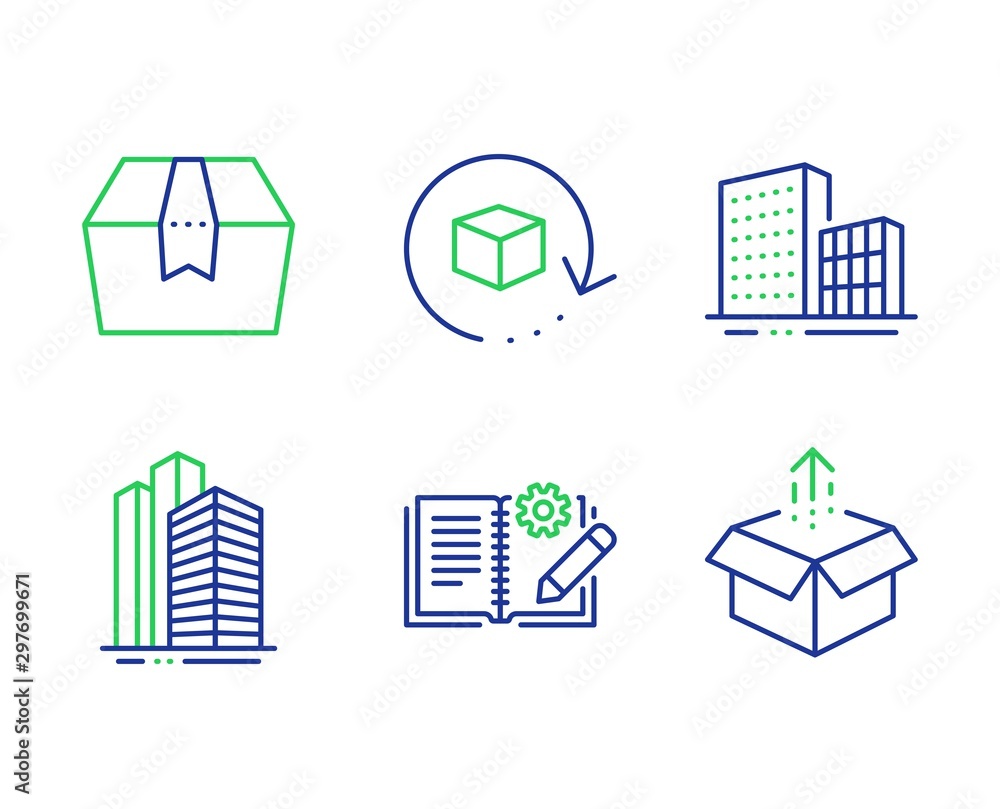 Poster return package, engineering documentation and package box line icons set. skyscraper buildings, buil