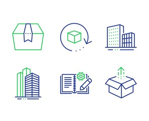 Return package, Engineering documentation and Package box line icons set. Skyscraper buildings, Buildings and Send box signs. Exchange goods, Manual, Delivery goods. Town architecture. Vector