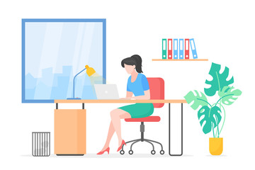 Lady working with laptop flat vector illustration. Secretary, student studying, freelancer cartoon character. Remote job, freelance, internet surfing, online education. Office workspace, workplace.