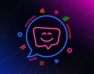 Smile face line icon. Neon laser lights. Happy emoticon chat sign. Speech bubble symbol. Glow laser speech bubble. Neon lights chat bubble. Banner badge with smile face icon. Vector