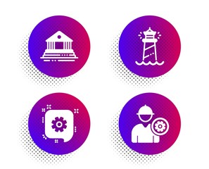 Court building, Lighthouse and Cogwheel icons simple set. Halftone dots button. Engineer sign. Government house, Searchlight tower, Engineering. Worker with cogwheel. Industrial set. Vector