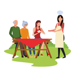 Fototapeta na wymiar avatar friends in a picnic table, colorful design