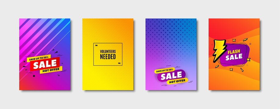 Volunteers needed. Cover design, banner badge. Volunteering service sign. Charity work symbol. Poster template. Sale, hot offer discount. Flyer or cover background. Coupon, banner design. Vector
