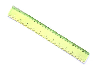 Plastic circular protractor with a ruler on white background.