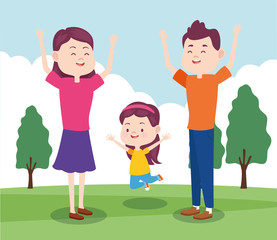 cartoon happy family with little girl in the park