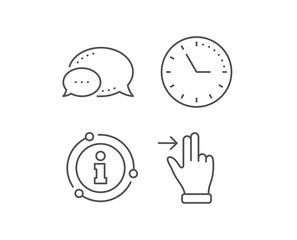 Touchscreen gesture line icon. Chat bubble, info sign elements. Slide right arrow sign. Swipe action symbol. Linear touchscreen gesture outline icon. Information bubble. Vector