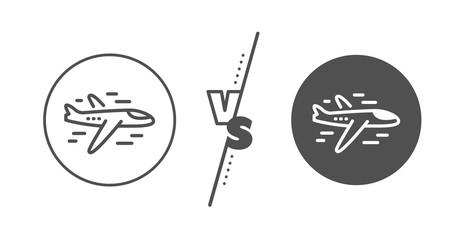 Plane flight transport sign. Versus concept. Airplane line icon. Aircraft symbol. Line vs classic airplane icon. Vector